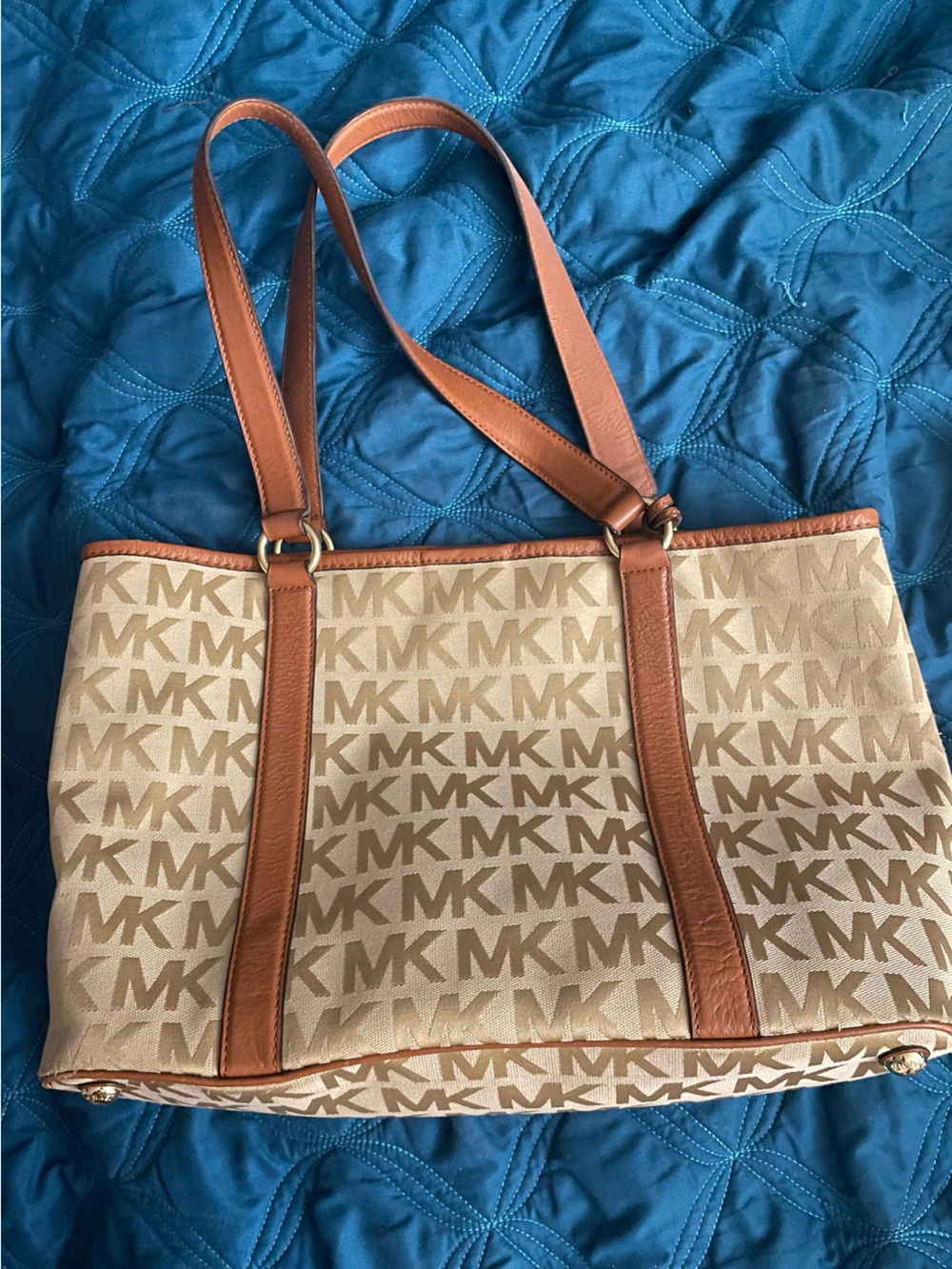 Michael Kors Beige Canvas MK Logo Tote with Brown Leather Trim